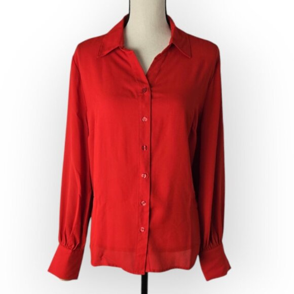 New York & Company Red Button Down V-Neck Wide Button Cuff Blouse L NWT - Picture 1 of 7